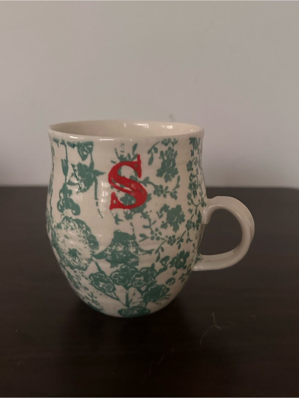 Anthropologie Cream Floral Mug with Green Pattern and Red S Monogram